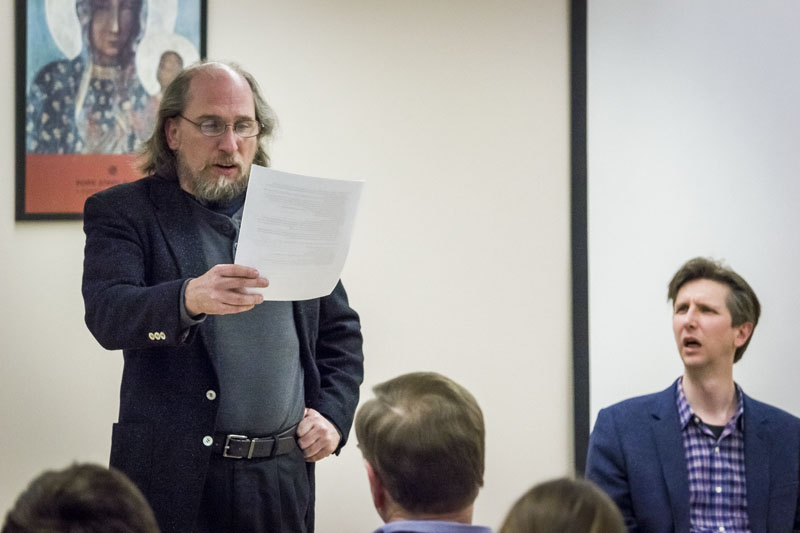 Brian Russell and Wes Driver act out a scene of G.K. Chesterton's "The Man Who Was Thursday: A Nightmare"